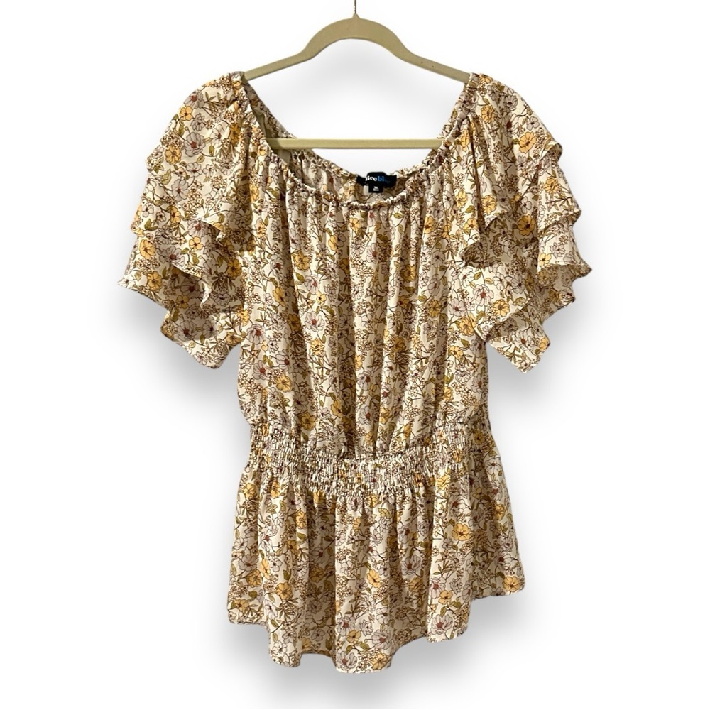 Alice Blue Beige Floral Metallic Ruffle Sleeve Top Women’s Size XL Feminine Boho